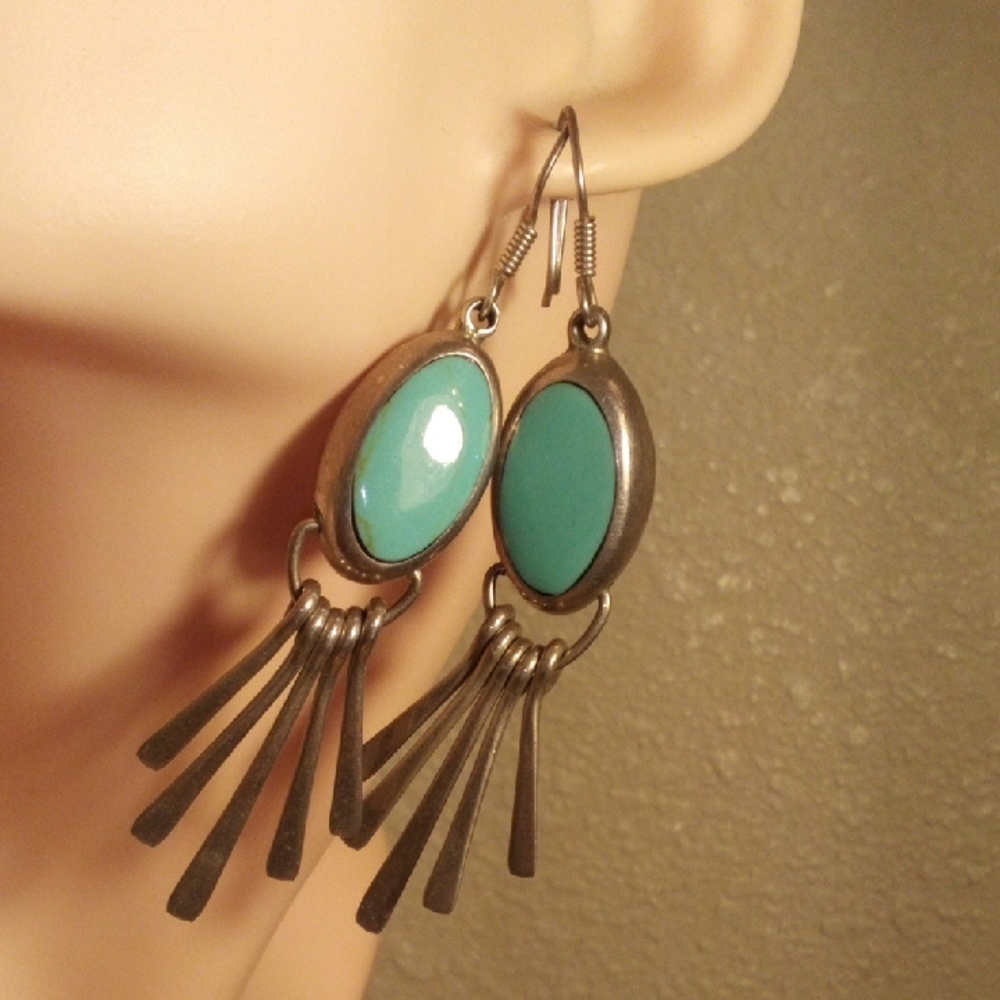 Turquoise Oval Fringe Dangle Earrings - Unbranded